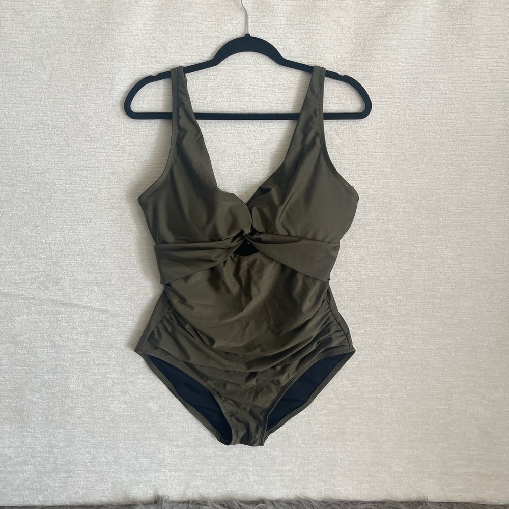 DKNY Olive Green Twist-Front One-Piece Swimsuit - Picture 1 of 10